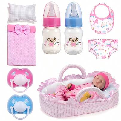 Dockmatningsset, dockkorgset, lämplig för reborn-dockor från 14 tum/35 cm och ner, nyfödda dockor, babydockor, perfekt julklapp (mönster och färg slumpmässigt, docka ingår ej)