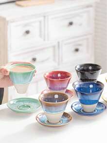 1 set Taza y platillo de cerámica con degradado de colores - Vajilla artística y estética, perfecta para entusiastas del café, imprescindible para la decoración del hogar y la cocina
