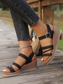 Sandali con plateau intrecciati da donna, nuovi per l'estate, con suola spessa, cinturini incrociati, punta aperta e caviglia regolabile, tacco alto, sandali con plateau impermeabili con suola spessa e punta aperta, taglie 35-43 - nero - Visualizzare 3