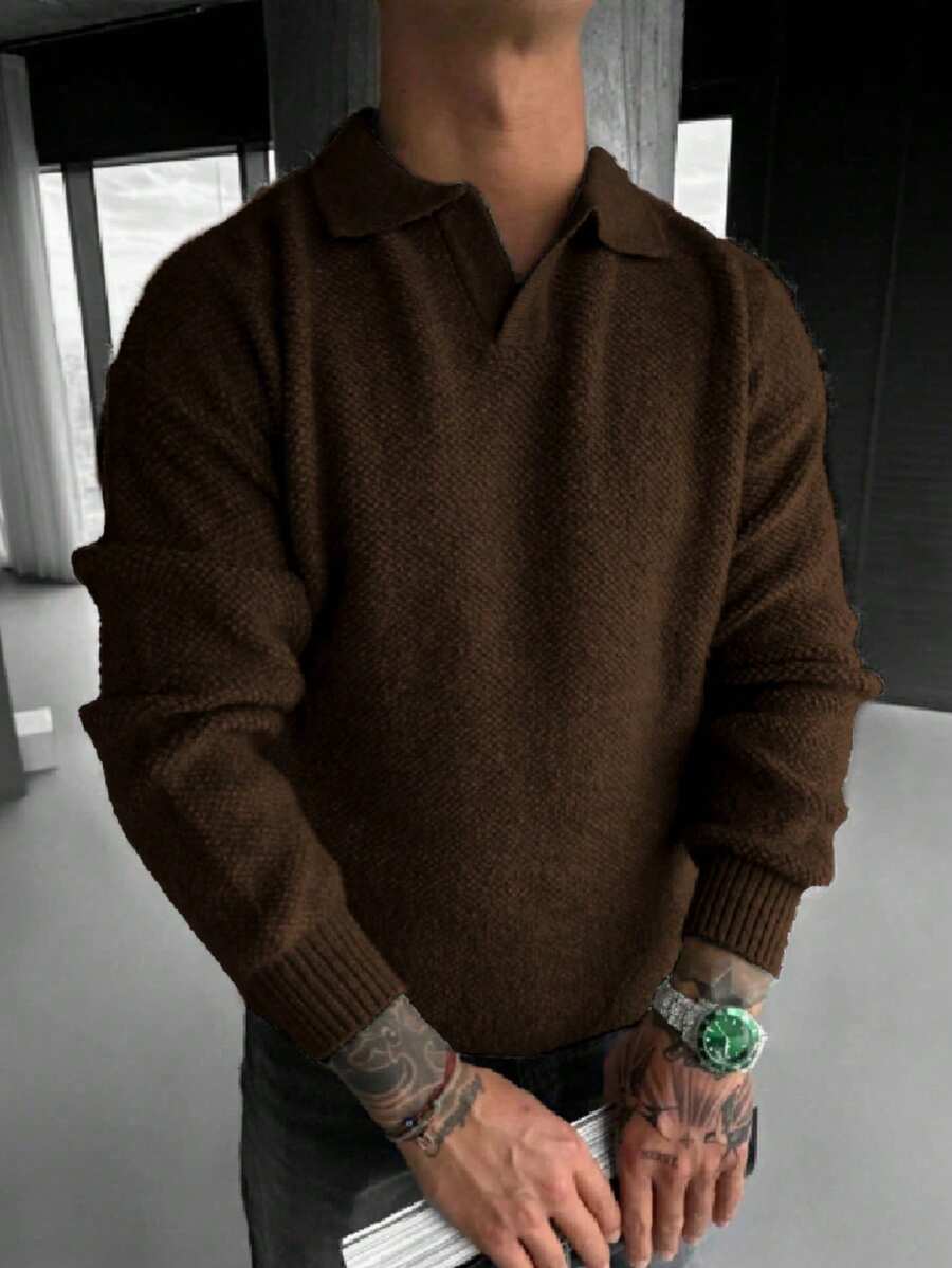 ANDREILEE 男士休闲宽松通勤简约纯色百搭V领Polo衫轻薄长袖针织套头衫,秋冬款 - 棕色 - 查看 1
