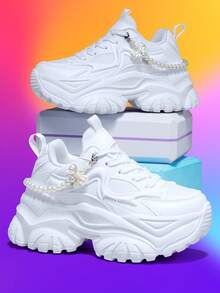 女士7厘米增高休闲运动鞋，配有可拆卸优雅蝴蝶结珍珠链装饰，户外四季EVA厚底系带白色高跟运动鞋，轻便柔软减震防滑夏季透气速干网面凉鞋，圆头休闲系带白色大码鞋，适合大学生、青少年、日常穿着、约会、健身、办公等场合，时尚厚底运动鞋 - 白色 - 查看 11