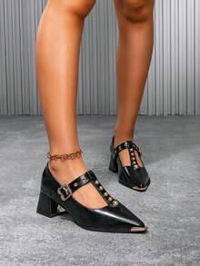 Wysokiej jakości, gorąco sprzedawane, europejskie i amerykańskie, metalowe czółenka na grubym obcasie, nowe, eleganckie, damskie, casualowe, imprezowe, retro, Mary Jane, płaskie, z antypoślizgową gumową podeszwą i nitowanym paskiem w kształcie litery T - Czarne - Zobacz 5