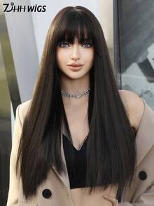 7JHH WIGS Elegant 22 Inch Long Straight Dark Brown Black Wigs For Women, Fluffy Synthetic Wig With Bangs, Natural Looking Very Soft Full Machine Synthetic Heat Resistant Fiber Hair Wig For Girls Daily Wear Music Festival Party , Cosplay Anime Or Costume Use, Straight Wigs Accessories - Black Brown - View 2