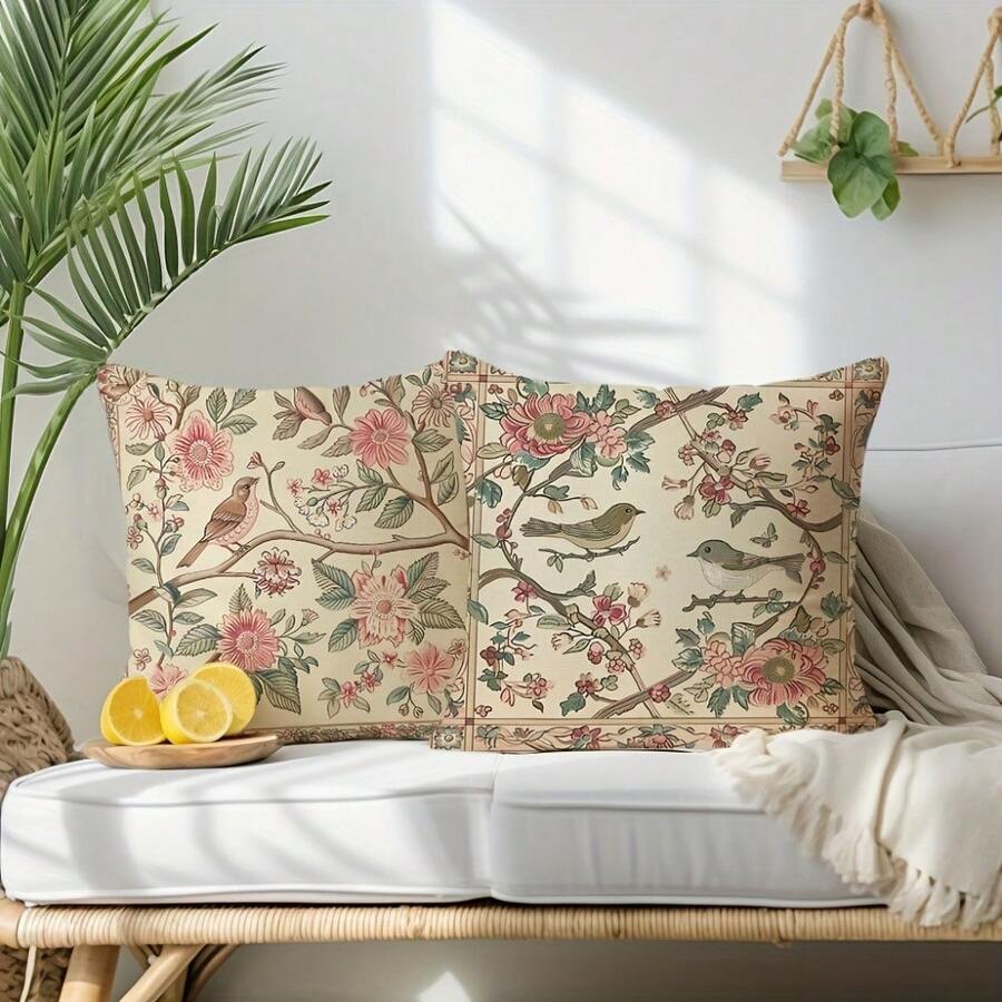 2Pcs Chinoiserie Single-Side Print Throw Pillow Covers - 17.7*17.7 Inches, Exquisite Flowers & Birds Design, Decorative Cushion Covers For Sofa, Bedroom, Office, Car & Farmhouse, Stylish Home Decor Accents, Machine Washable With Zipper, No Pillow Cores Included - Multicolor - View 1
