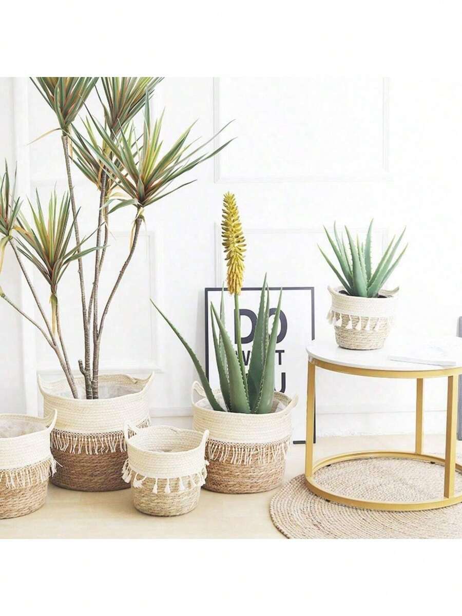 Ghiveci de plante din iarbă de mare împletită, tip coș, lucrat manual, cu plantă șarpe artificială, pentru decor nordic în living, accente de casă în stil boho, expunere neutră a vegetației în interior