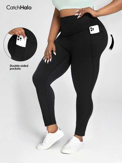 1 pieza Leggings de yoga de talla grande negros con 4 vías de estiramiento, estilo deportivo y casual, cintura alta con control de abdomen y elevación, sin costuras en la parte delantera, bolsillos laterales, muy elásticos, adecuados para mujeres de talla completa para hacer ejercicio (yoga, pilates, gimnasio, correr, ciclismo)