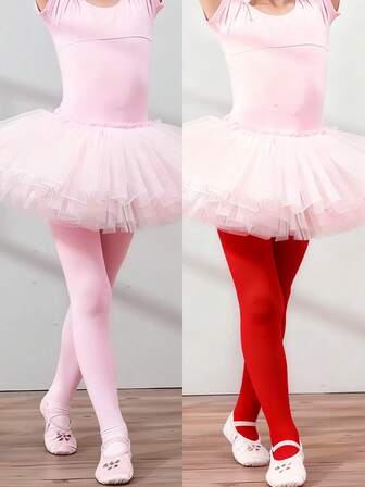 2 Pairs Of Girls' Ballet Dress And Pantyhose, Pink Tight Jumpsuit With Chiffon, Comfortable Elastic Fabric, Suitable For Daily Casual Wear