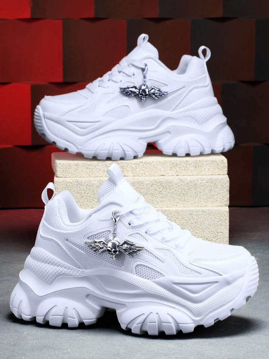 Giày thể thao nữ thời trang thường ngày cao 7cm có thể tháo rời với dây xích trang trí thiên thần bộ xương Halloween bằng kim loại 3D màu bạc sáng bóng, đế EVA ngoài trời phong cách Punk, giày cao gót lưới nhẹ thoáng khí mùa hè, giày mũi tròn buộc dây cỡ lớn cho sinh viên đại học, hàng ngày, hẹn hò, phòng tập thể dục, văn phòng