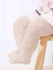 女婴连体透明打底裤，米色心形提花图案 | 柔软舒适的天鹅绒 | 轻盈透气 | 适合春夏季