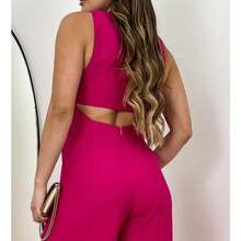Women's Tailored Long Jumpsuit With Side Slit - Hot Pink - View 3