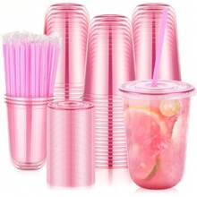 100 Set 16oz Plastic Cups With Lids & Straws,  Pink Clear Iced Coffee Cup With Lid, Round Bottom Plastic To Go Cups For Cold Drinks Slushie Smoothie Valentine Holiday Party Supplies,27896930 - Màu Hồng Tươi - Xem 1