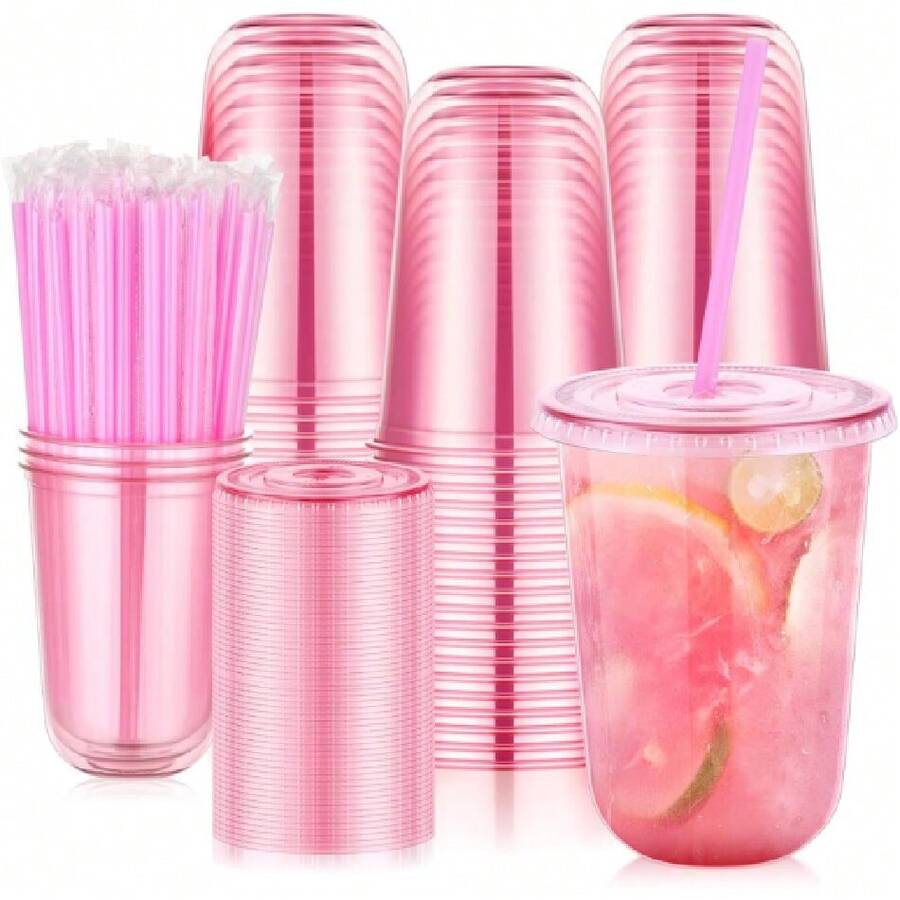 100 Set 16oz Plastic Cups With Lids & Straws,  Pink Clear Iced Coffee Cup With Lid, Round Bottom Plastic To Go Cups For Cold Drinks Slushie Smoothie Valentine Holiday Party Supplies,27896930 - Màu Hồng Tươi - Xem 1