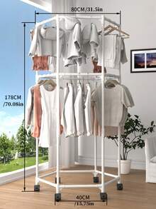 六面旋转晾衣架 - 坚固金属管，独立设计，便携高效，可收纳和展示衣物，黑/白两色可选，四季皆宜。六边形带六个轮子的旋转移动晾衣架，黑白两色可选，16mm加厚金属杆支撑稳固，适用于卧室、客厅、阳台、洗衣房等场所。 - 彩色 - 查看 13