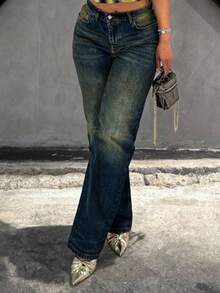 Women's Washed Denim Straight Leg Jeans With Cat's Whiskers Detail Long Casual Non-Stretch Pants