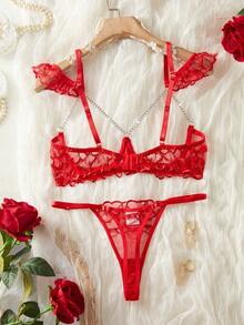 性感红色刺绣心形镂空内衣套装，包含可调节肩带文胸和配套内裤 - 紅色 - 查看 2
