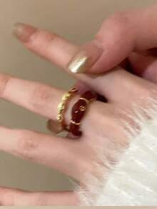 1 PC Gold Plated Floral Ring Open Adjustable Design Red Enamel Accents Irregular Flower Shape Stackable Vintage Style Jewelry For Women Daily Wear Wedding Party Festival Gift