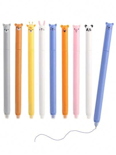 8pcs Rotating Animal Shaped Neutral Pens, Cartoon Panda & Kitty Designs, Smooth Writing With Built-In Eraser Ballpoint Pens, Suitable For Note-Taking, Writing, Studying, Exams, Can Be Used As Holiday & Learning Gifts
