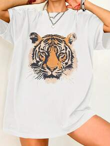 [Sporty T-Shirt]Women's Vintage Tiger T-Shirt - 90s Retro Short Sleeve Round Neck Top With Tiger Stripe Print, Casual Summer Blouse For Tiger Lovers & Jungle Outfits |   Relaxed Fit |   Plus Size - White - View 6