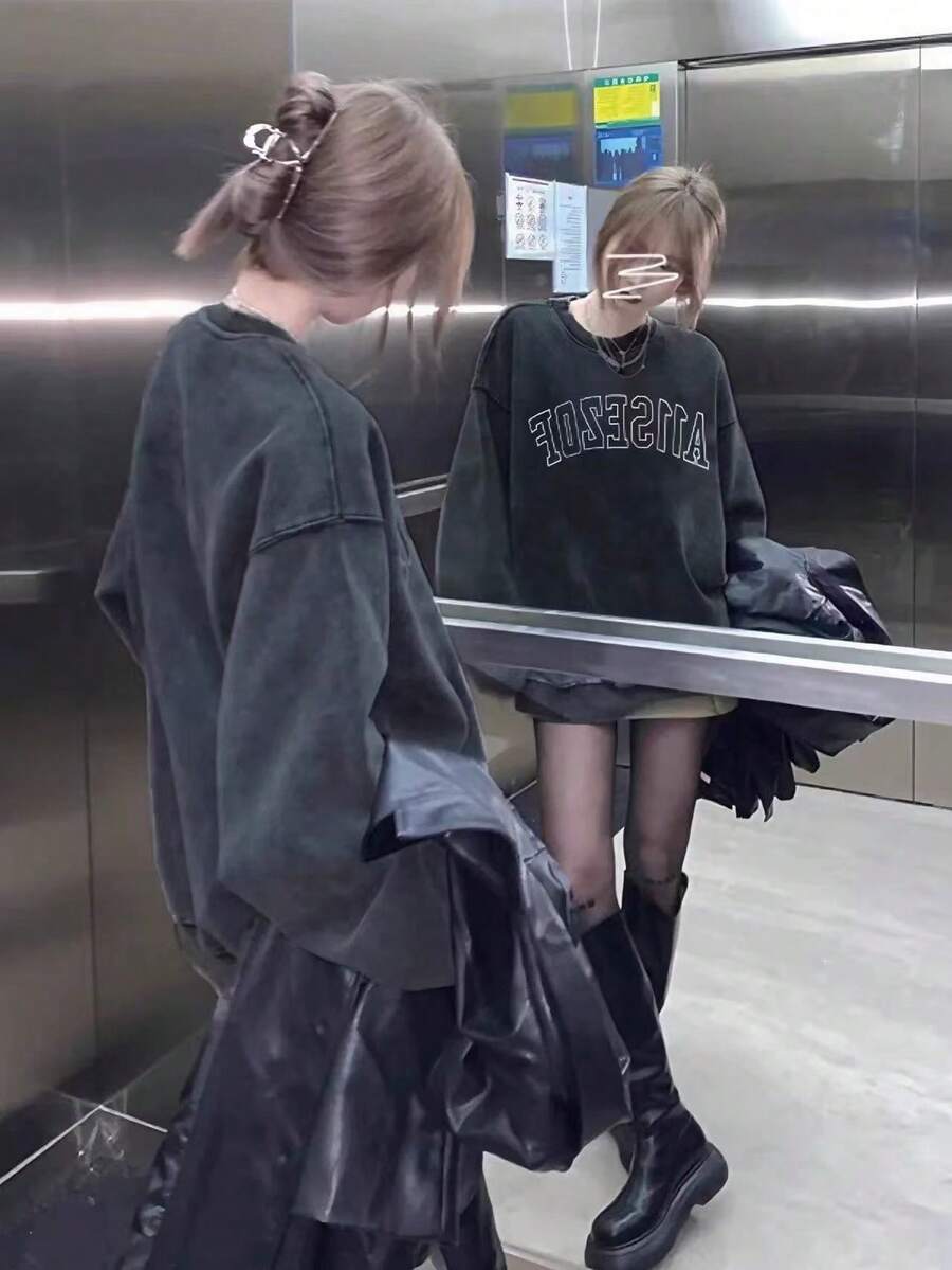 Women's Winter 2025 Autumn/Winter New Distressed Grey Oversized Letter Knit Sweatshirt, Loose Dropped Shoulder Street Graphic Print Night Out Casual Sports Top, Dark Aesthetic - Grey - View 1