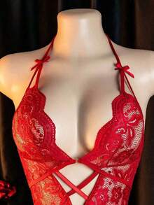 Lingerie, Open Crotch Design, Lace Skeleton Jumpsuit, Elegant Women's Jumpsuit, Bed Seduction Clothes, Passion Robe - [Red] - View 5