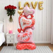 150cm Oversized Vertical Heart Shaped Balloon, Layered & Criss-Cross Design - Pink & Gold Letter And XOXO Kiss Print Pattern - Suitable For Valentine's Day, Wedding, Birthday, Anniversary - No Power Needed, Wedding & Valentine's Day Balloon - Multicolor - View 1