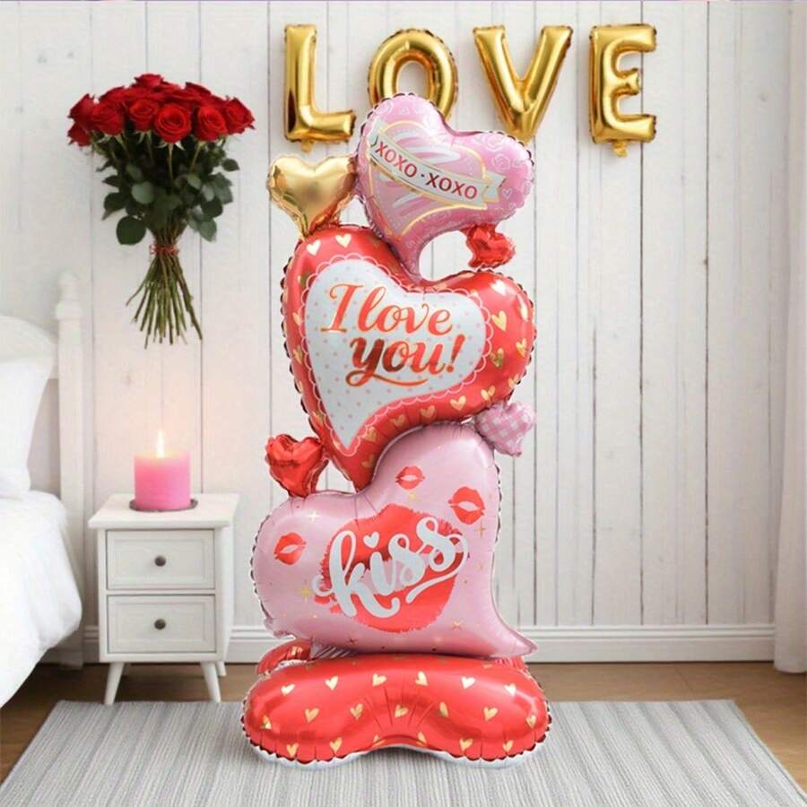 150cm Oversized Vertical Heart Shaped Balloon, Layered & Criss-Cross Design - Pink & Gold Letter And XOXO Kiss Print Pattern - Suitable For Valentine's Day, Wedding, Birthday, Anniversary - No Power Needed, Wedding & Valentine's Day Balloon - Multicolor - View 1