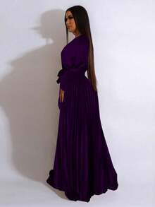 Đầm maxi nữ thanh lịch cổ chữ V, xếp ly, có thắt lưng, thích hợp cho mùa xuân. - Bold Plum - Xem 3