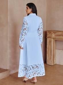 Simplee Plus Size Women's Elegant Lace Patchwork Front Button Long Dress, Suitable For Party And Vacation Wear, Spring/Summer - Blue - View 8