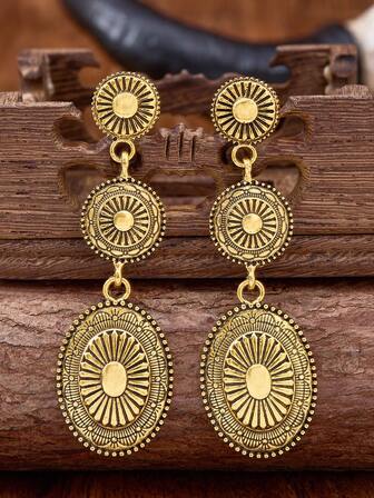 MONLOTTI 1 Pair Cowgirl Western Vintage Boho Style Totem Geometric Patchwork Metal Alloy Pendant Earrings, Women's Summer Jewelry, Woman Gift