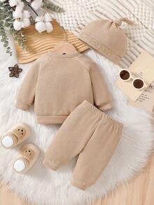 3pcs Newborn Baby Casual Knit Crew Neck Raglan Sleeve Embroidered Sweatshirt, Elastic Waist Pants And Hat Set, Autumn/Winter