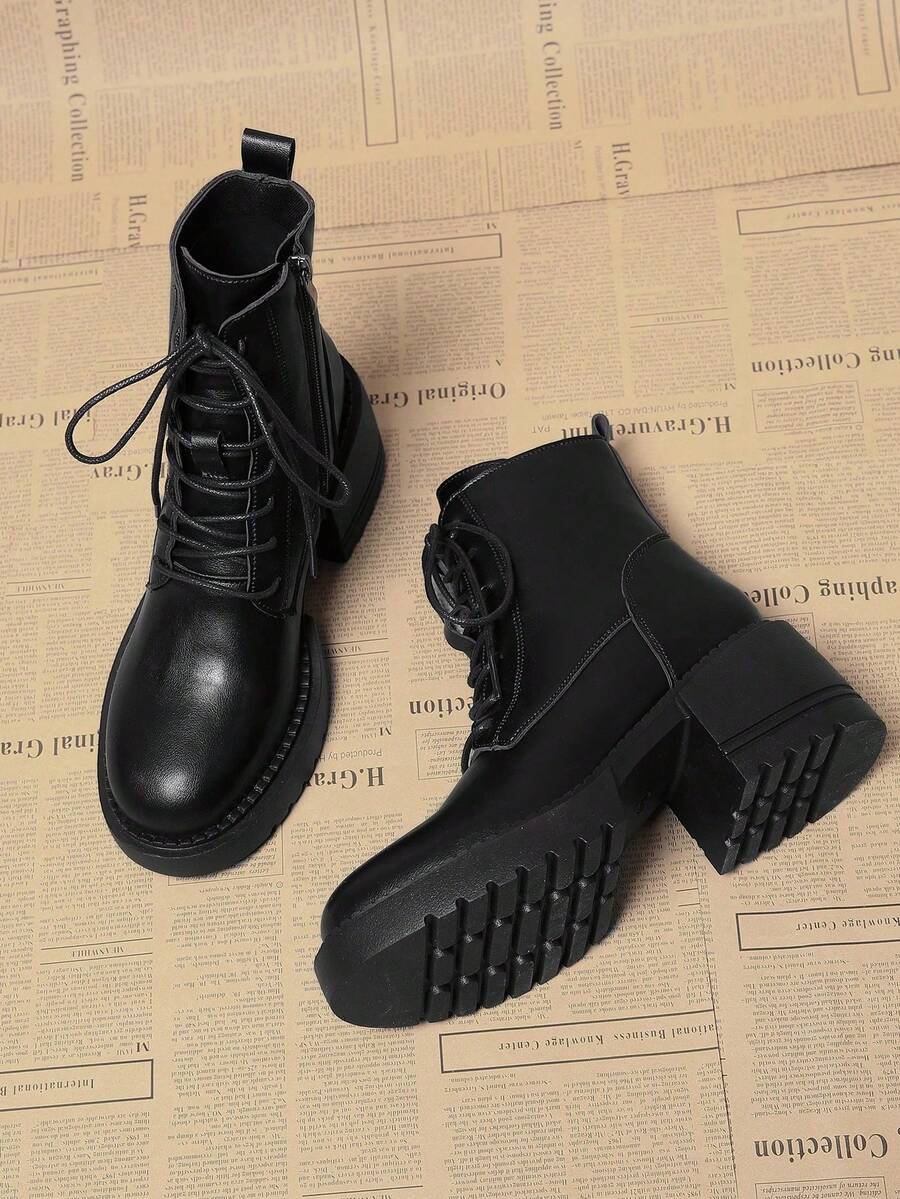 2025 Spring/Autumn Women's Boots, Super Street Style, Sweet & Cool British Style Short Boots, Slim High Heel, Winter Shoes,Chunky Heels - Black - View 1