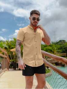 Men's Short-Sleeve Shirt With Mandarin Collar And Linen-Look - Assorted Colors - Comfortable - Beige - View 1