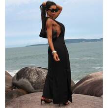 Women's Tailored Long Jumpsuit With Side Slit - Black - View 4