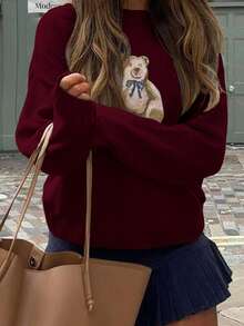 2026 Début Automne Nouveau Pull Femme décontracté Élégant Rendez-vous Mignon Ours dessin animé Col Rond Manches Longues pull Tricot, Anniversaire, Vacances d'Été, Top Élégant Femme, Streetwear, Enseignante, Hiver, Automne, Rentrée Scolaire, Fête - Rouge foncé - Voir 6