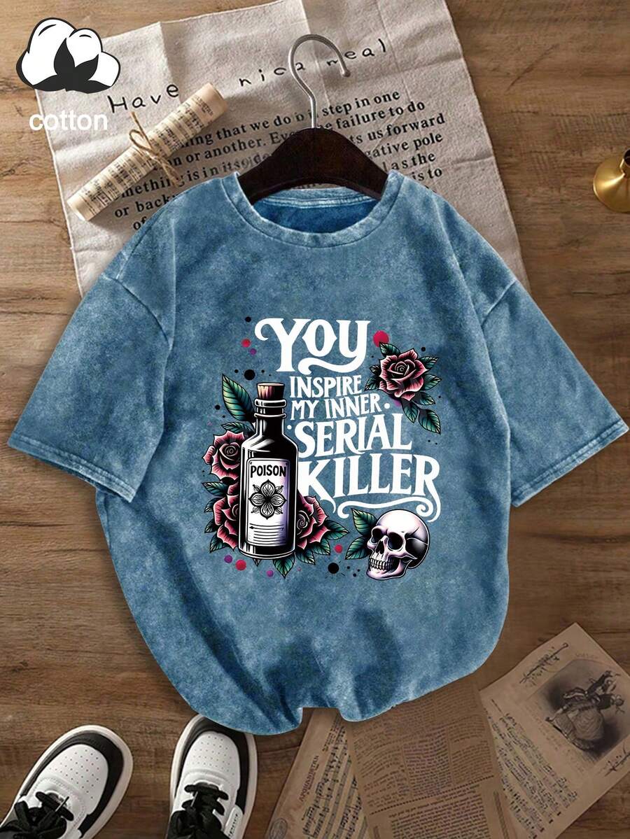 Áo thun cotton mùa hè cỡ lớn dành cho nữ - Họa tiết chai thuốc độc, hoa hồng và đầu lâu, kiểu dáng giản dị và thoải mái, phù hợp cho mặc hàng ngày và đi nghỉ mát, tay ngắn, in họa tiết, kiểu dáng thời trang, đã qua xử lý giặt. - Xanh đậm - Xem 1