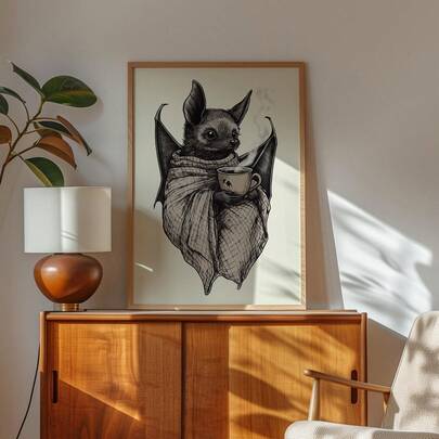 1pc Cute Goth Animal Wall Art Picture Cozy Bat With Coffee Cup Canvas Print Paintings|Funny Vintage Sketch Black & White Decorations For Bedroom, Living Room, Or Office Home Decor,Gothic Sketch Style Poster,Gift For Her,Unframed Or Framed