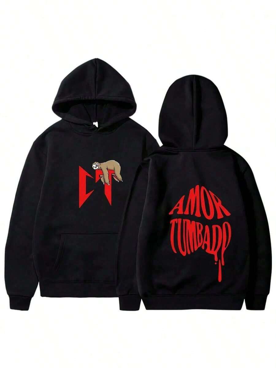 Sudadera con capucha de patrón de perezoso "AMOR TUMBADO" de  - Fibra negra, manga larga, estilo casual unisex de calle, ropa casual de calle |   Diseño de patrón llamativo |   Sudadera de Fibra - Negro - Ver 1