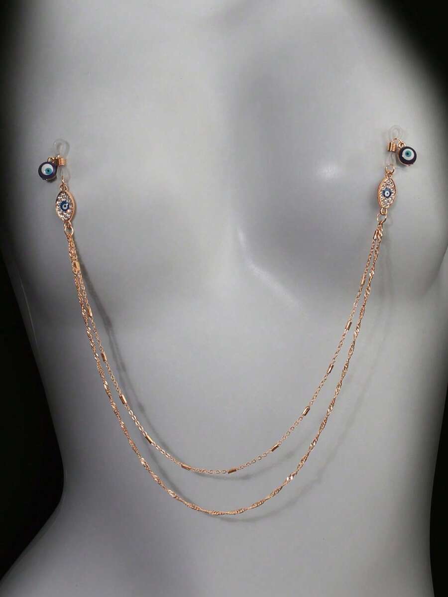 1 pieza Accesorio de lencería sexy estilo oscuro Cadena de pecho con cristales de ojo de diablo personalizada de doble capa con borlas Cadena de pecho de metal de moda simple Accesorio de Body para fiesta nocturna y diversión - Multicolor - Ver 1
