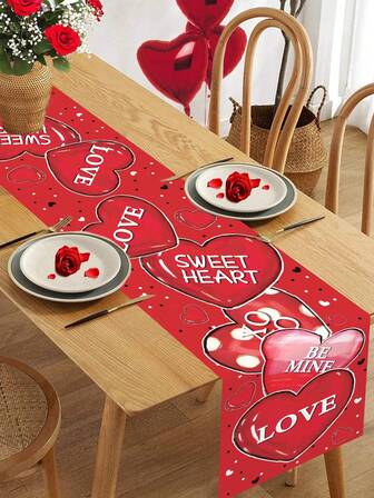 1pc Happy Valentine's Day Table Runner, Heart Design Durable Polyester Tablecloth, 180*35cm, Happy Valentine's Day Party Decorations Seasonal Event Restaurant And Kitchen Dining Room Table Decor