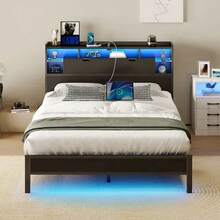 Base Cama Led Con Estante Y Estación Carga,Base Cama Matrimonial Plegable con Storage, Puertos USB y de Carga, Luces LED, Ideal para Recámara Moderna, Full 211*139*113 - Negro - Ver 6