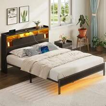 Base Cama Led Con Estante Y Estación Carga,Base Cama Matrimonial Plegable con Storage, Puertos USB y de Carga, Luces LED, Ideal para Recámara Moderna, Full 211*139*113 - Negro - Ver 1