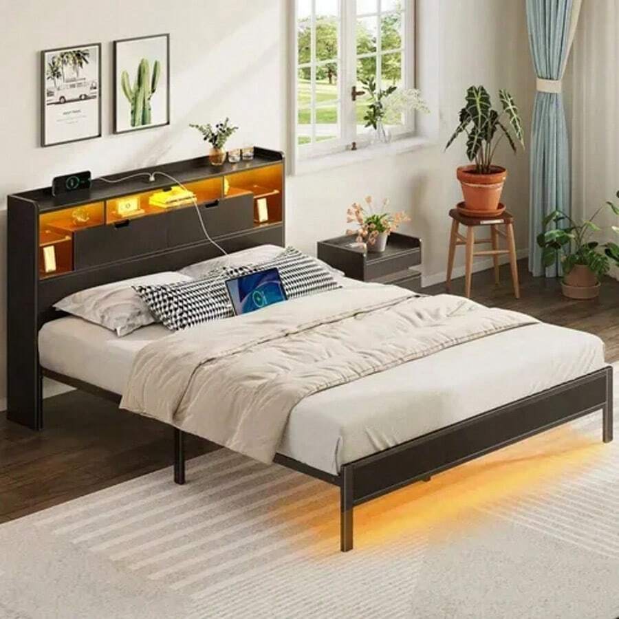 Base Cama Led Con Estante Y Estación Carga,Base Cama Matrimonial Plegable con Storage, Puertos USB y de Carga, Luces LED, Ideal para Recámara Moderna, Full 211*139*113 - Negro - Ver 1