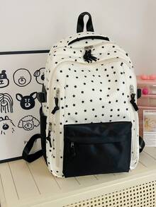 1 pièce Sac à dos décontracté en nylon noir et blanc avec imprimé étoile tout-sur-tout, compartiments multiples, fermeture éclair lisse, grande capacité, pliable, résistant à l'eau, sangles d'épaule réglables, convient pour un usage quotidien, l'école, l'entraînement, les déplacements, les courses, les voyages, cadeau pour les filles et les femmes