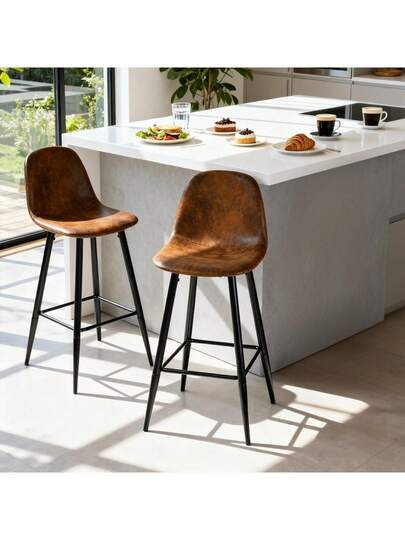 Meubles Cosy Set Of Bruin Suede Kitchen Bar Stools Seat Height: 69.5 Cm Moderne Industrial Ergonomic Curved Backrest Metal Legs Footrest: 45.5 44 102