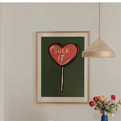 1件装“Suck It Lollipop”墙画 – 醒目印花，趣味粉色爱心海报，讽刺波普艺术插画，俏皮家居装饰海报帆布画墙画房间家居装饰无框