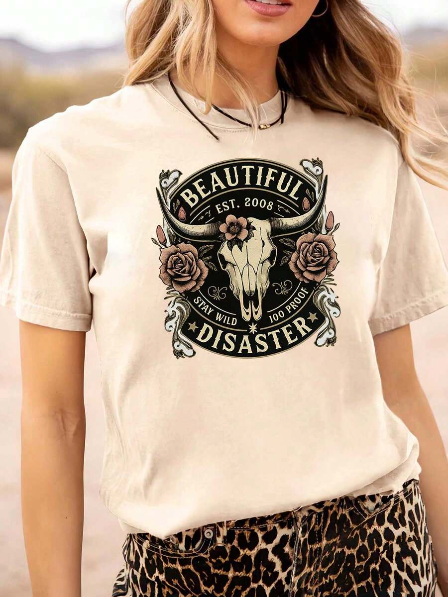 Beautiful Disaster  Stay Wild, 100 Proof Established 2008 Womens Tshirt Black Grey White Light Apricot Dark Red - Màu be - Xem 1