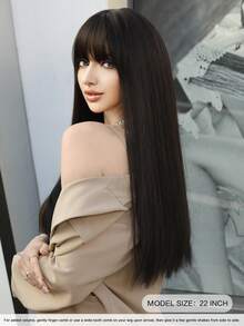 7JHH WIGS Elegant 22 Inch Long Straight Dark Brown Black Wigs For Women, Fluffy Synthetic Wig With Bangs, Natural Looking Very Soft Full Machine Synthetic Heat Resistant Fiber Hair Wig For Girls Daily Wear Music Festival Party , Cosplay Anime Or Costume Use, Straight Wigs Accessories - Black Brown - View 5