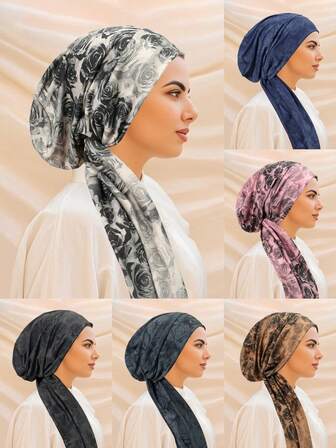 1pc Fashionable Elegant Vintage Rose Jacquard Headscarf Hijab Cap With Long Tail Tie For Muslim Women