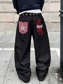 1 قطعة بنطال جينز رجالي فضفاض مطرز بساق واسعة، طراز شارع كاجوال، مريح وشامل لجميع المواسم