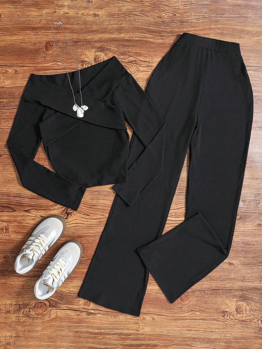 两件套女士优雅纯黑色交叉长袖针织上衣和修身休闲裤套装 春季 - 黑色 - 查看 1